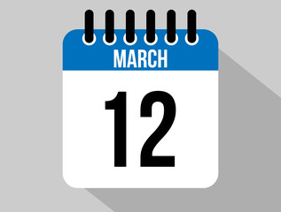 12 March calendar vector icon. Blue March date for the days of the month and the week on a light background