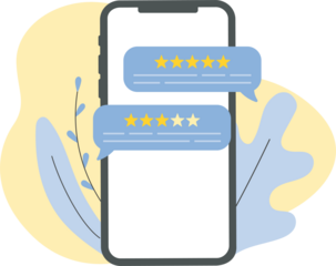 Feedback customers review on a phone screen. People evaluating product, service. Website rating feedback concept. Trendy illustration
