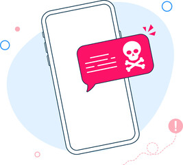 Smartphone with speech bubble and skull and bones on screen. Skull icon. Threats, mobile malware,...