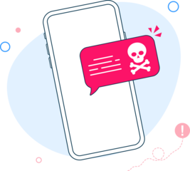 Smartphone with speech bubble and skull and bones on screen. Skull icon. Threats, mobile malware, spam messages, fraud, sms spam concepts. Modern flat illustration
