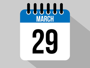 29 March calendar vector icon. Blue March date for the days of the month and the week on a light background
