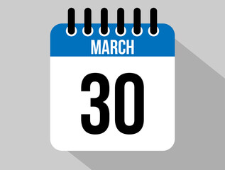 30 March calendar vector icon. Blue March date for the days of the month and the week on a light background