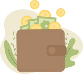 Brown wallet with green paper money and golden coins. Online payment concept. Finance, investment, money saving. Simple trendy cute cartoon object illustration
