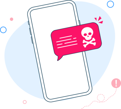 Smartphone with speech bubble and skull and bones on screen. Skull icon. Threats, mobile malware, spam messages, fraud, sms spam concepts. Modern flat illustration