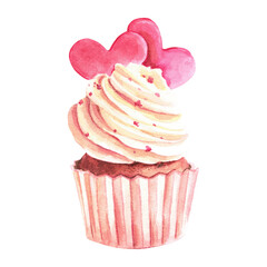 Sweet cupcakes with cream, decorated with hearts. Valentine's Day. Watercolor illustration. Design of postcards, textiles.