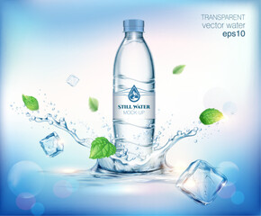 Transparent realistic vector mineral water plastic bottle with water splash, drops and ice cubes on blue background 