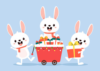 Rabbit in Christmas day. Christmas shoping cart with gifts box. Vector illustration.