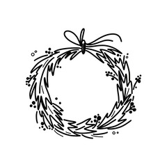 Christmas doodle wreath. Line vector holiday illustration.