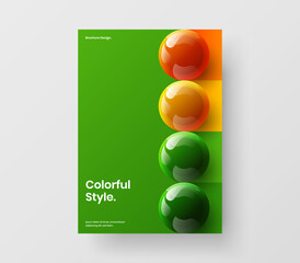 Bright postcard A4 design vector concept. Vivid realistic spheres booklet layout.