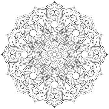 Colouring page, hand drawn, vector. Mandala 128, ethnic, swirl pattern, object isolated on white background.