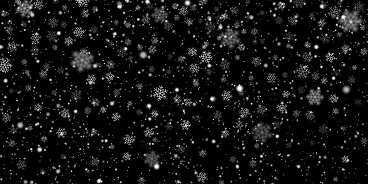 Falling Winter Heavy Snow Snowflakes On Black Background. Vector