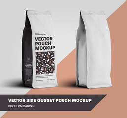 Vector coffee pouch gusset mockup, white packaging set and with design.