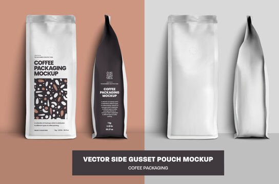 Vector coffee pouch gusset mockup with degassing valve, side, front view, white package and with modern design, ready to use.