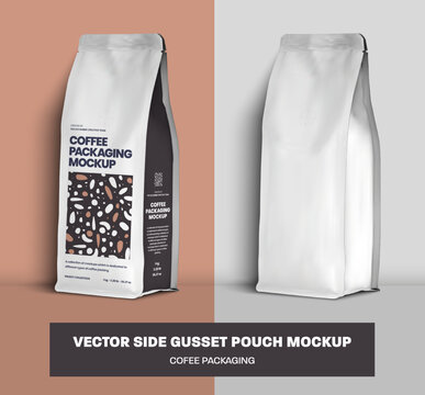 Vector coffee pouch gusset mockup, white packaging with place for design, pattern, branding.