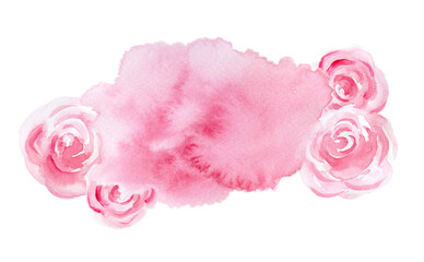 Pink spot, blot, brush abstract stroke with pink roses isolated on white background