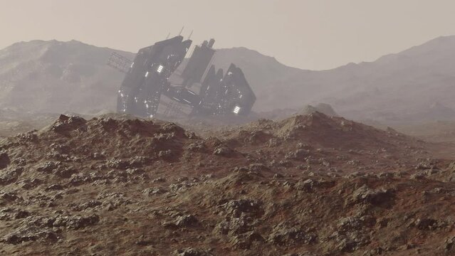 Animation of a crashed alien space ship on Mars surface of the planet