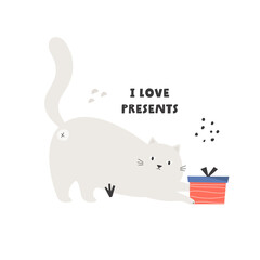 Flat vector illustration of a funny cat playing with gift box