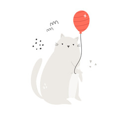 Flat vector illustration of a funny cat sitting with red balloon