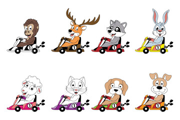 cute animal cartoon ride gokart - obrazy, fototapety, plakaty