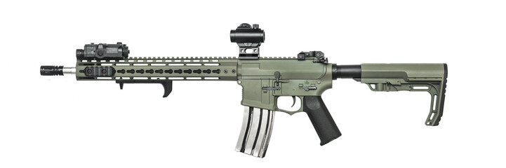 Red dot sight on ar rifle weapon isolated on white background