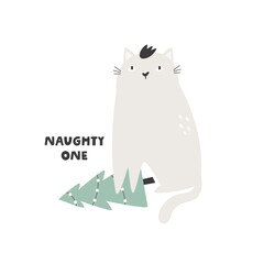 Flat vector illustration with a funny cat and a fallen Christmas tree