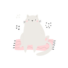 Flat vector illustration with a funny cat on a pink carpet