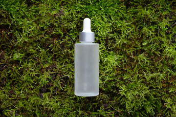 Glass container with a pipette on green moss. Mockup bottle with a place for a label.