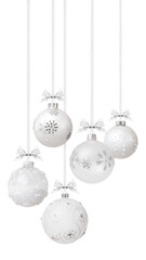 Christmas decorative baubles balls with silver shiny ribbons bows and glitter patterns, hanging...
