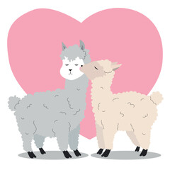 Cute alpacas couple. Cute Valentines day, wedding card. Vector invitation. 