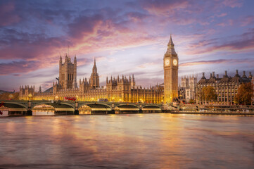 Naklejka na ściany i meble Landscape with Big Ben and Westminster palace at sunset in London, Great Britain