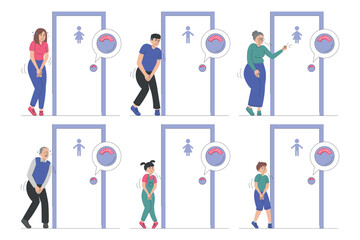 Set of people who wants to pee and standing at the closed toilet door vector isolated. Occupied WC, male and female character need to urinate. Funny characters with full bladder. - obrazy, fototapety, plakaty