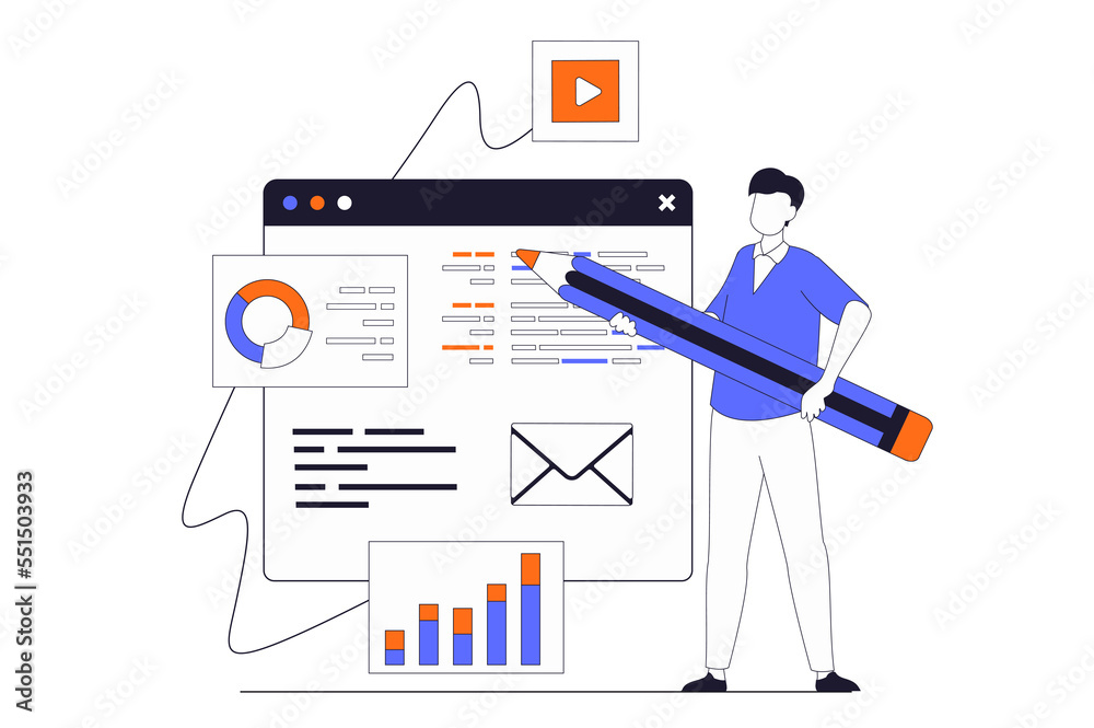 Poster App development concept with people scene in flat outline design. Man designing mobile application interface and working with content screen. Illustration with line character situation for web