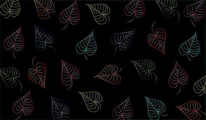 Difference color leaves floral with black background. Leaves Seamless pattern in hand drawn style leaves Summer colorful nature concept.