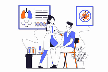 Coronavirus concept with people scene in flat outline design. Nurse injects and vaccinates patient. Protection and prevention of viruses. Illustration with line character situation for web