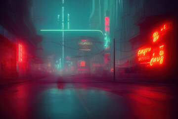 Naklejka premium Futuristic empty neon city street scene background. Created by AI, Artificial Intelligence.