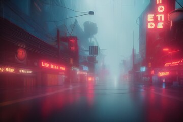 Naklejka premium Futuristic empty neon city street scene background. Created by AI, Artificial Intelligence.