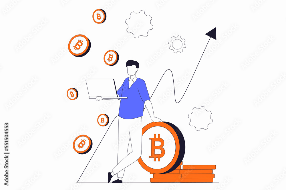 Poster cryptocurrency mining concept with people scene in flat outline design. man analyzes growth chart ar