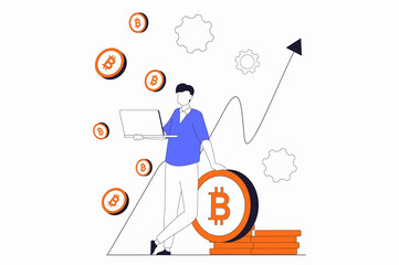 Cryptocurrency mining concept with people scene in flat outline design. Man analyzes growth chart arrow and mines bitcoins on crypto farm. Illustration with line character situation for web