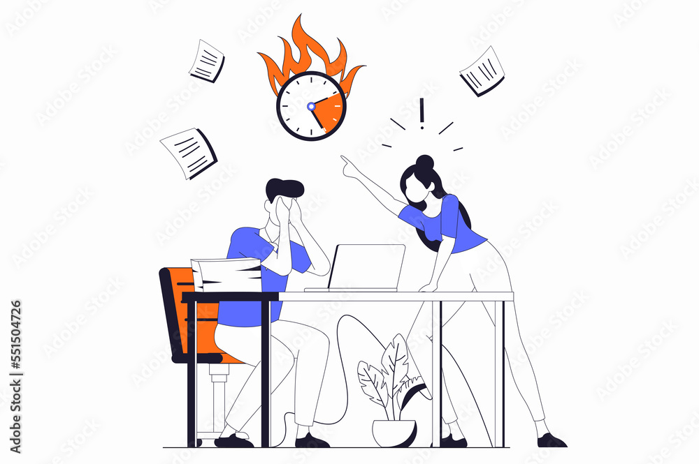 Wall mural deadline concept with people scene in flat outline design. angry boss screaming at upset manager whi