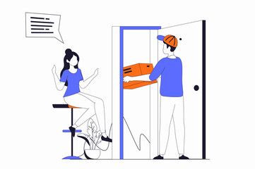 Delivery service concept with people scene in flat outline design. Courier brought parcel to customer door. Woman receiving delivered order. Illustration with line character situation for web