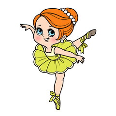 Cute cartoon little ballerina girl dancing on one leg in lush tutu color variation for coloring page isolated on a white background