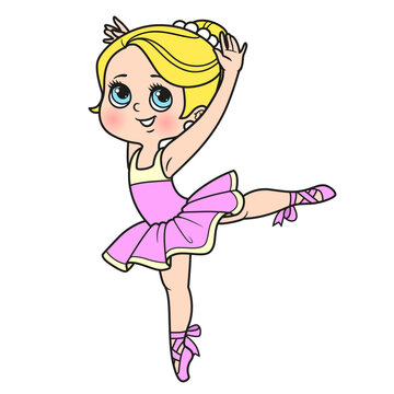 Cute cartoon little ballerina girl dancing on one leg color variation for coloring page isolated on a white background