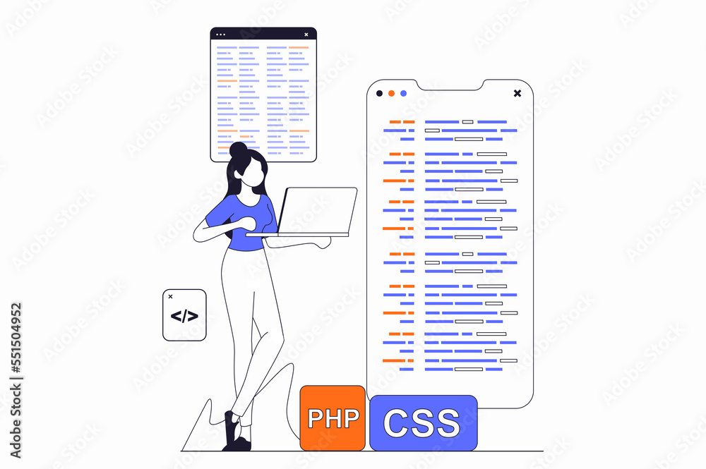 Wall mural development and programming concept with people scene in flat outline design. woman writes code and 
