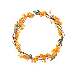 Watercolor mimosa wreath. Round frame. Floral composition. Spring flowers