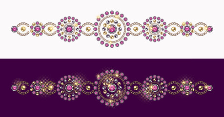 Baroque border motif like bracelet. Ornament made made of gold, silver jewelry chains, pink gems, rhinestones, ball beads in vintage style. Vector illustration on white, magenta background. - obrazy, fototapety, plakaty