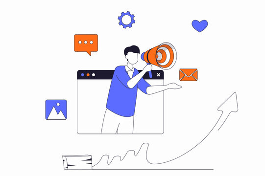 Digital Marketing Concept With People Scene In Flat Outline Design. Man With Megaphone Making Advertising Campaign To Audience In Internet. Illustration With Line Character Situation For Web