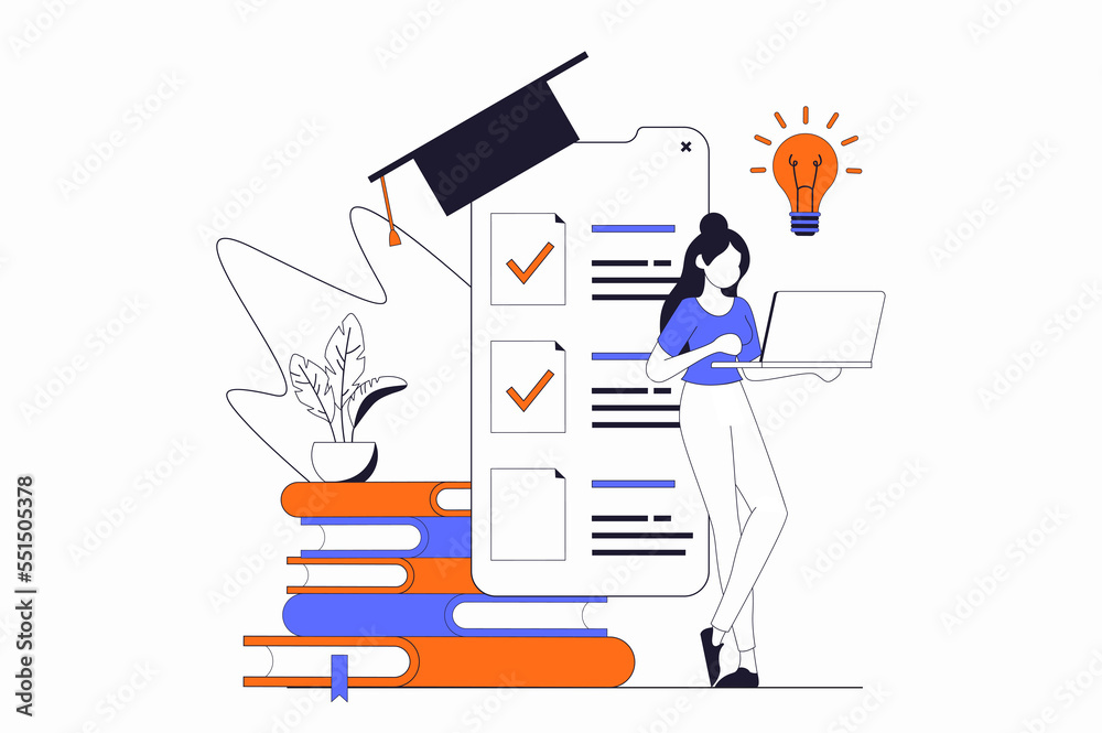 Fototapete distance learning concept with people scene in flat outline design. woman studies on educational pla