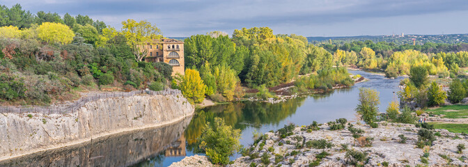 River Gardon landscape from the Pont du Gard three-tiered aqueduct.