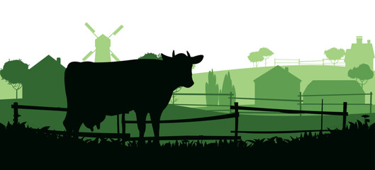 Cow graze in the pasture. Picture silhouette. Farm pets. Domestic farm animals for milk and dairy products. Isolated on white background. Vector