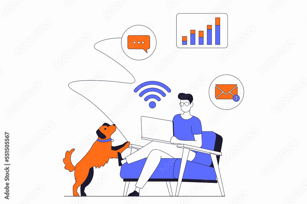 Poster Freelance working concept with people scene in flat outline design. Man doing tasks remotely and works on laptop using wifi at home office. Illustration with line character situation for web